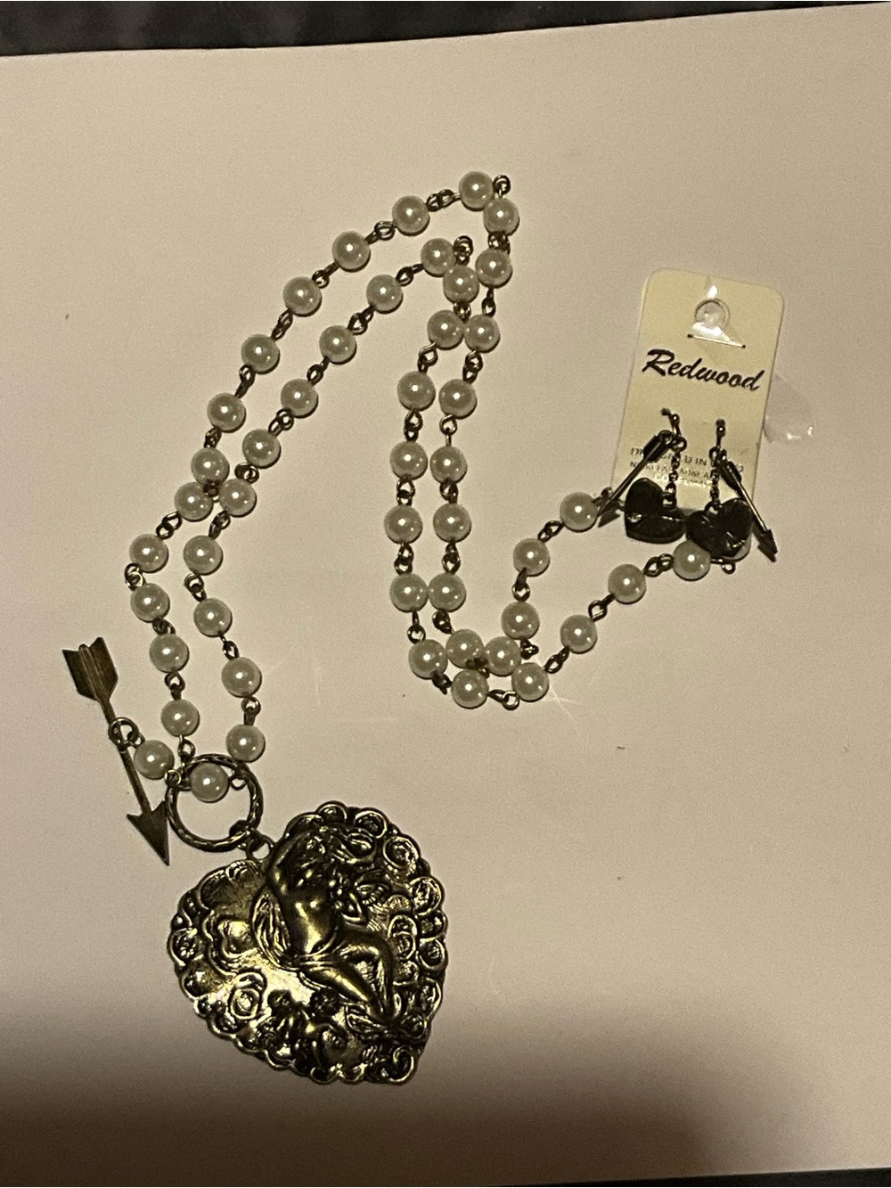 33”CUPID Heart Pendant &EARRINGS SET Pearl Bead Necklace vintage NEW Goldenbrass